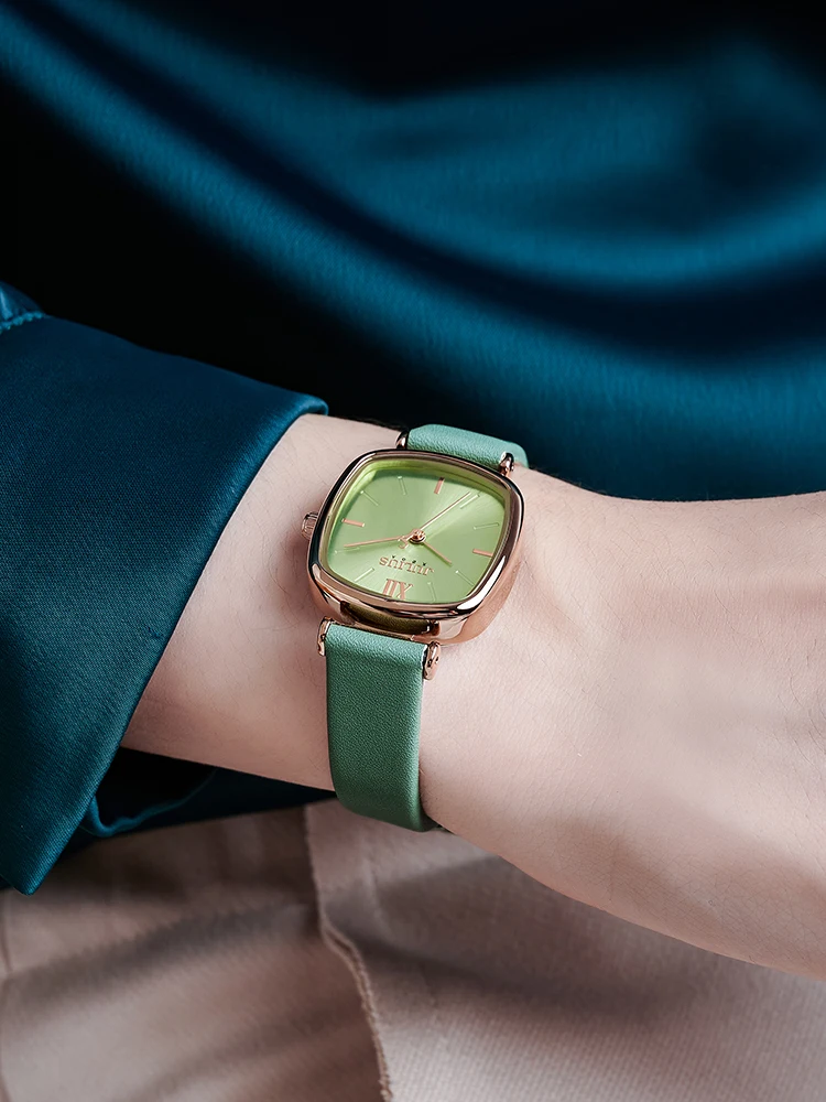 Women'S Watch, Simple Design, Korean Style, Leather, Versatile And Elegant, Square Small Green Quartz Watch, Watch Accessory.