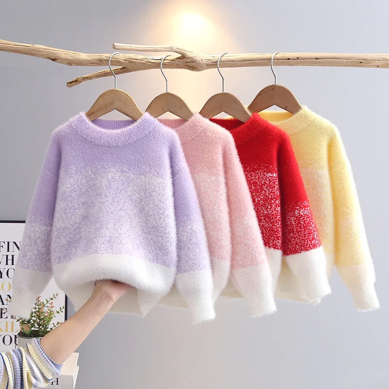 

Fall Winter Baby Girls Sweater Bring Heat with Furry Looks Long Sleeve Little Girl Pullovers Jacquared Colorful Knitwear IY07111