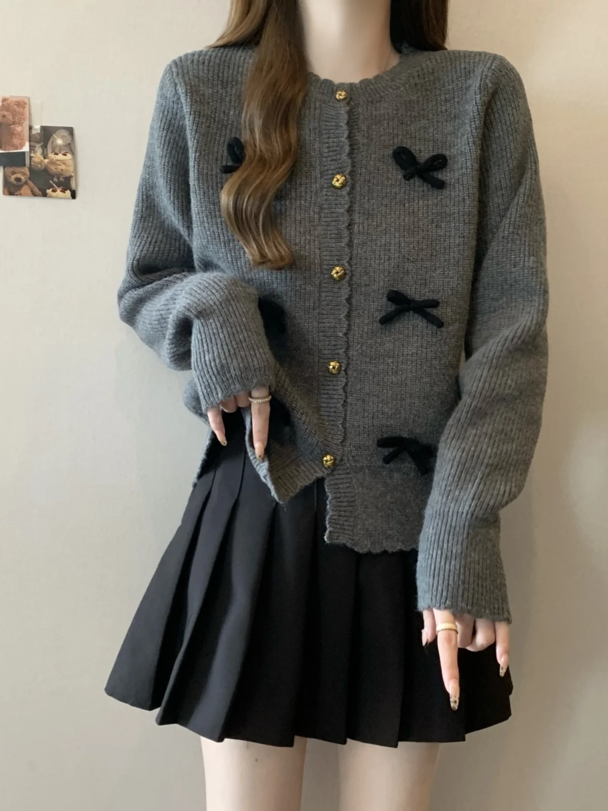 

Gray Short Knitted Sweater Coat for Women Spring Autumn Large Size Knot Top Small Fragrance Style Knitted Open Card...