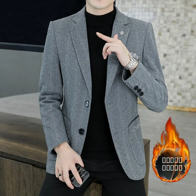 

Autumn Winter Thiened Cotton Woolen Men's Suit Casual Slim Fit Sli Single Piece Coat Trendy Busin Casual Faion