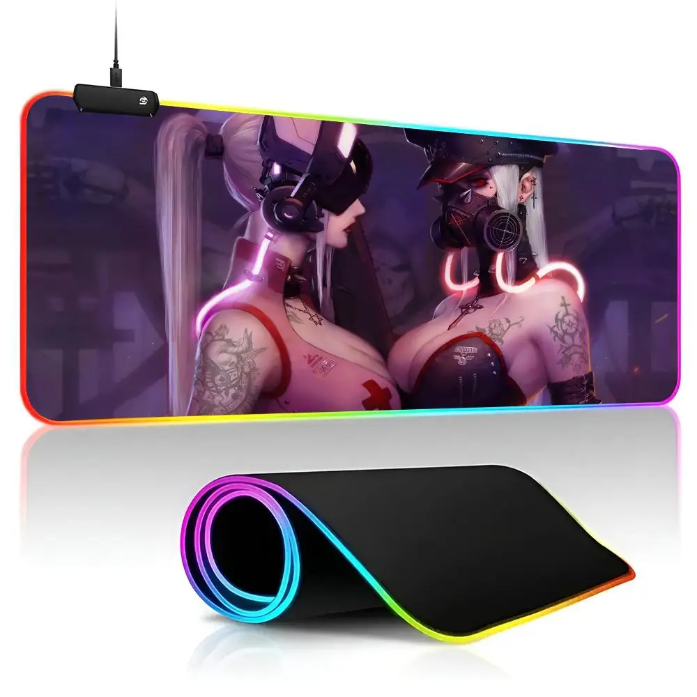 Alfombrilla de ratón cyberpunk girl, alfombrilla de ratón para juegos, alfombrillas de teclado LED, alfombrillas de escritorio luminosas, alfombrilla de ratón para PC, 40x90cm