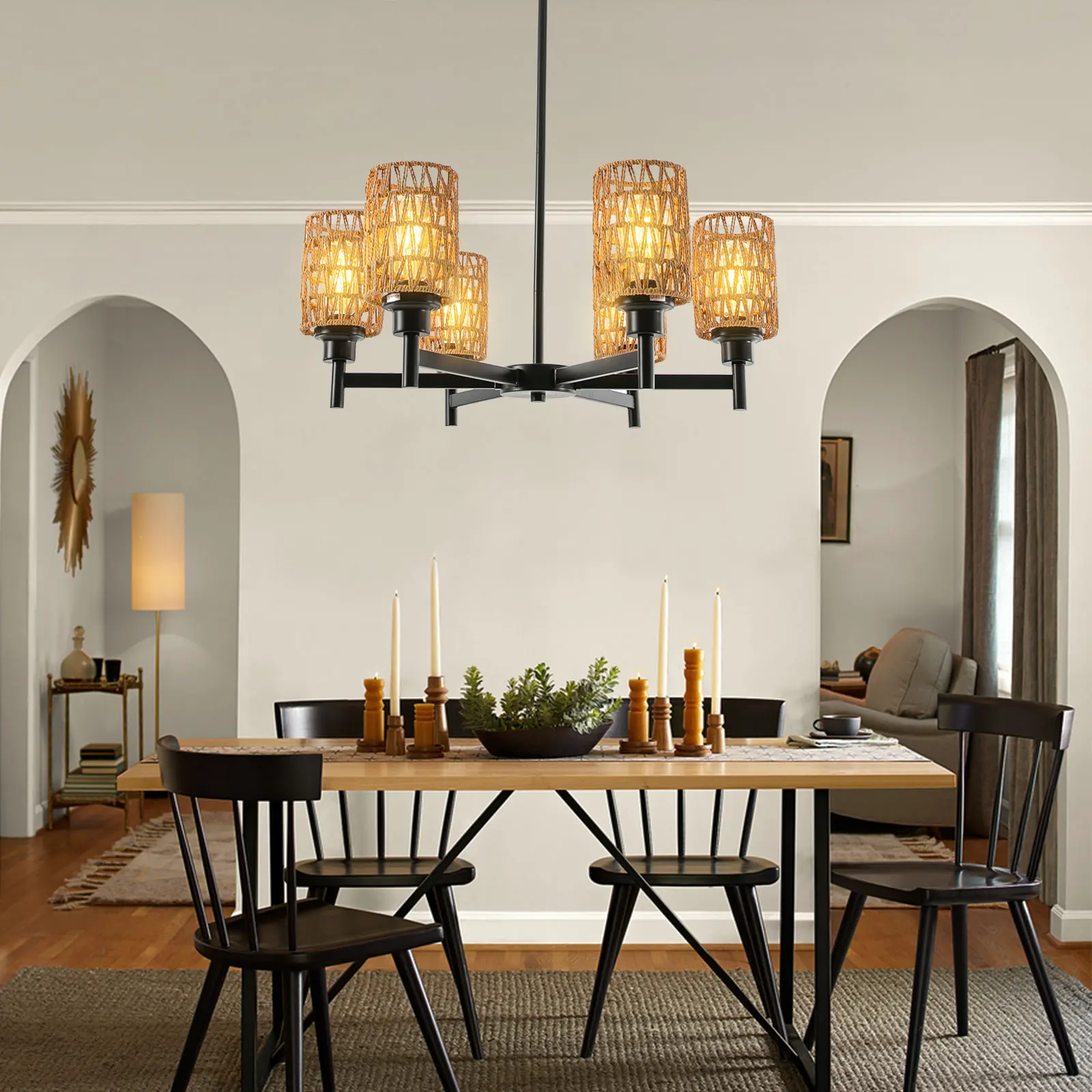 

Pendant Lights, Adjustable Height (31.5in) Lamp, Handwoven Paper Rope, 6 Light Sources, Rotatable Design for Sloping Ceilings
