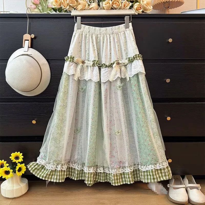 

Юбка миди в стиле Sweet Lolita для женщин, винтажная, с сетчатыми вставками, цветочным кружевом, бантом и оборками, длинная юбка в стиле Mori Girl, женская юбка в стиле Prairie Chic для вечеринок