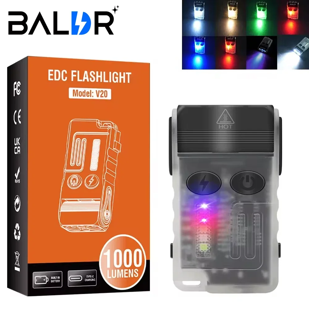 BALDR V20 LED EDC Flashlight Portable Mini Keychain Torch USB Rechargeable Work Light with Magnet Clip Camping Pocket Lantern