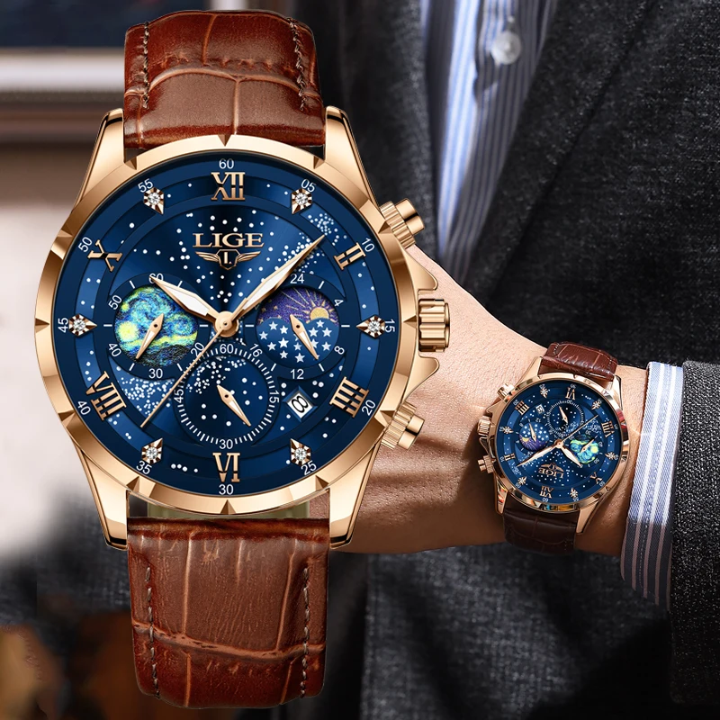 New LIGE Watches Mens Top Brand Luxury Casual Leather Quartz Men\'s Watch Business Clock Male Sports Waterproof Date Chronograph