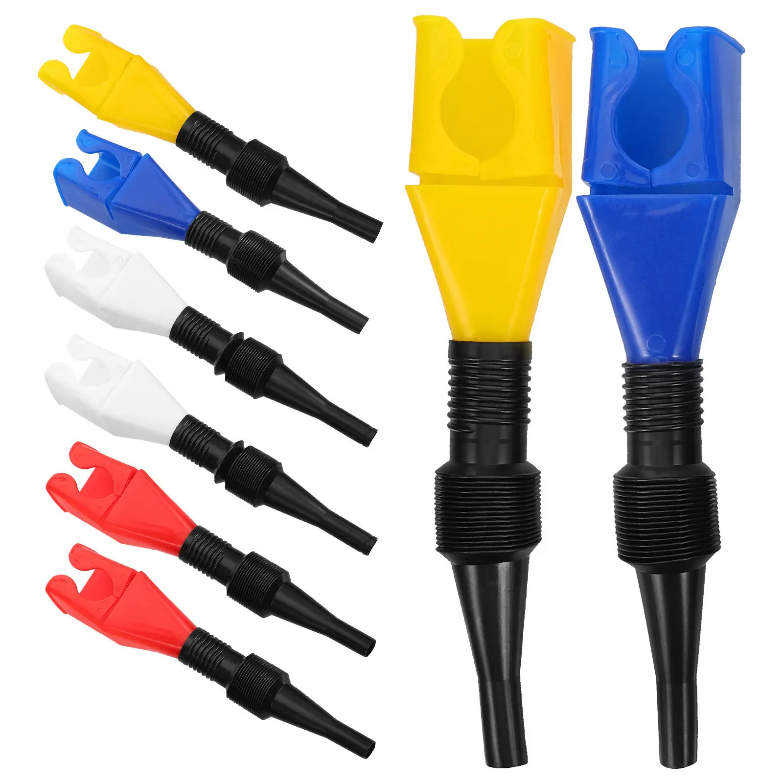 8Pcs Flexible Oil Funnel Set with Adjustable Hose Secure Snap Clasp for Auto Oil Change Transmission Gas Filling Car Motorcycle