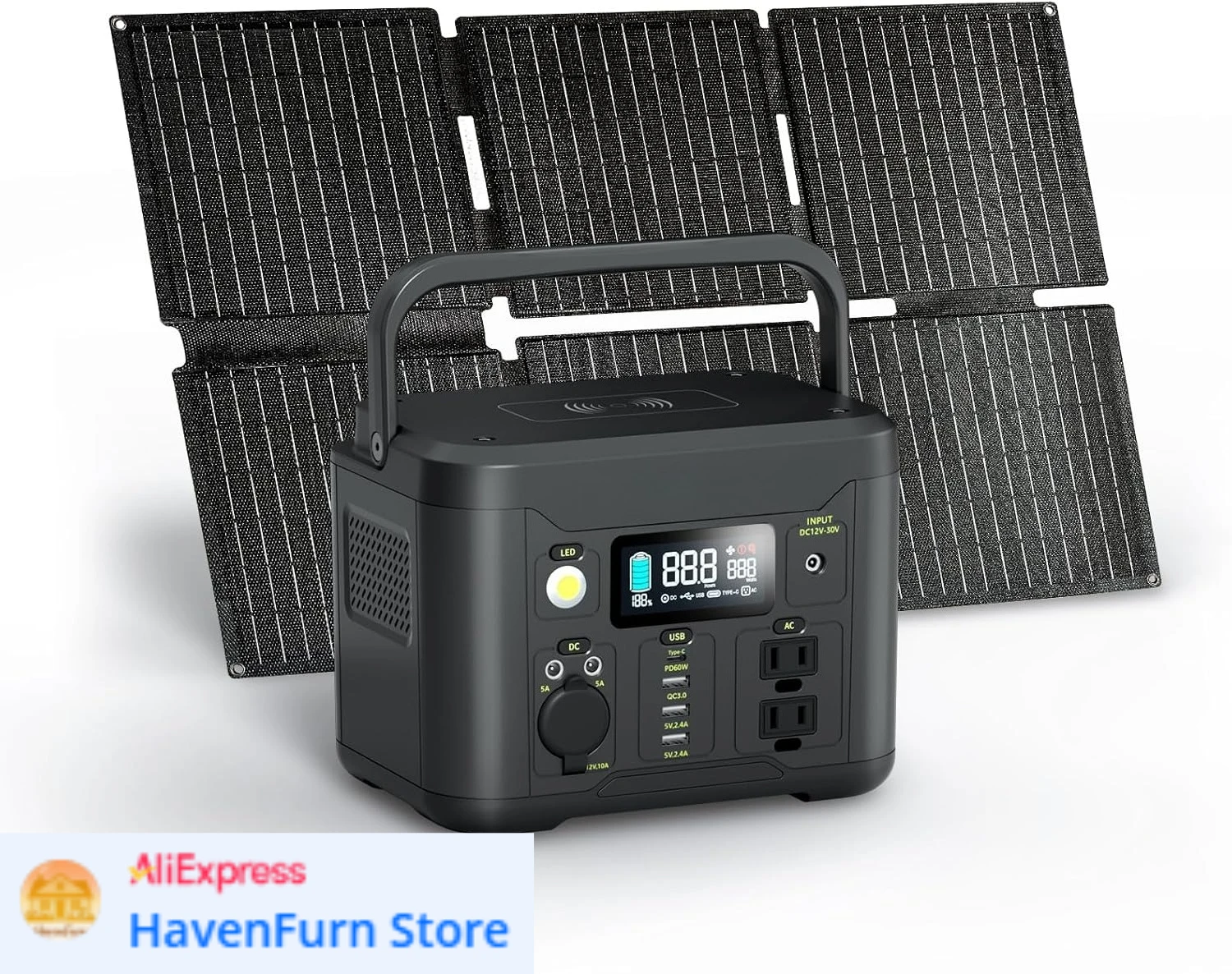 

Портативная электростанция 330 Вт, солнечный генератор с быстрой зарядкой PD и солнечной панелью 60 Вт, розетка переменного тока 120 В с чистой синусоидальной волной