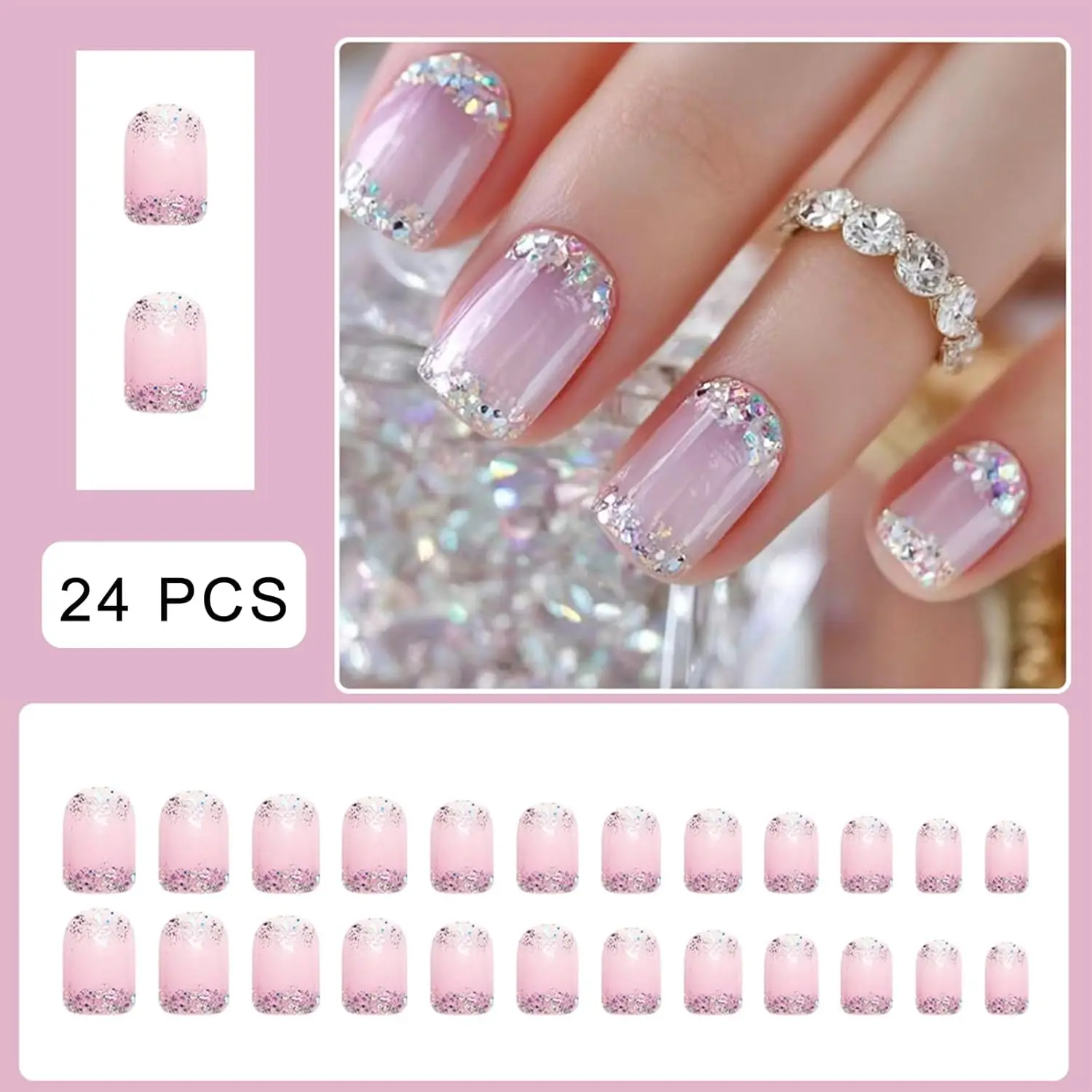 Nude Pink Glitter French Press on Nails Short Square Fake Nails Glitter Gradient False Nails Full Cover Sparkly Acrylic Nails