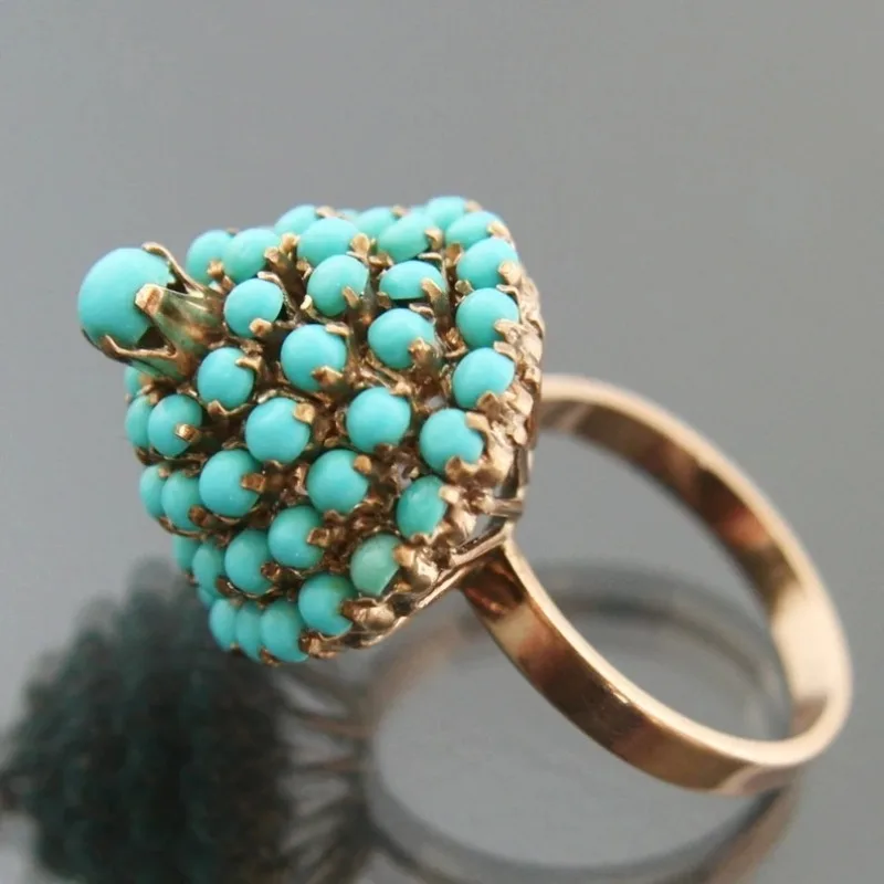 Vintage-Ring für Damen mit eingelegtem Imitat-Türkis, ethnische Goldfarbe, geometrische Form, für den täglichen Gebrauch, Party-Schmuck, Jubiläumsgeschenk