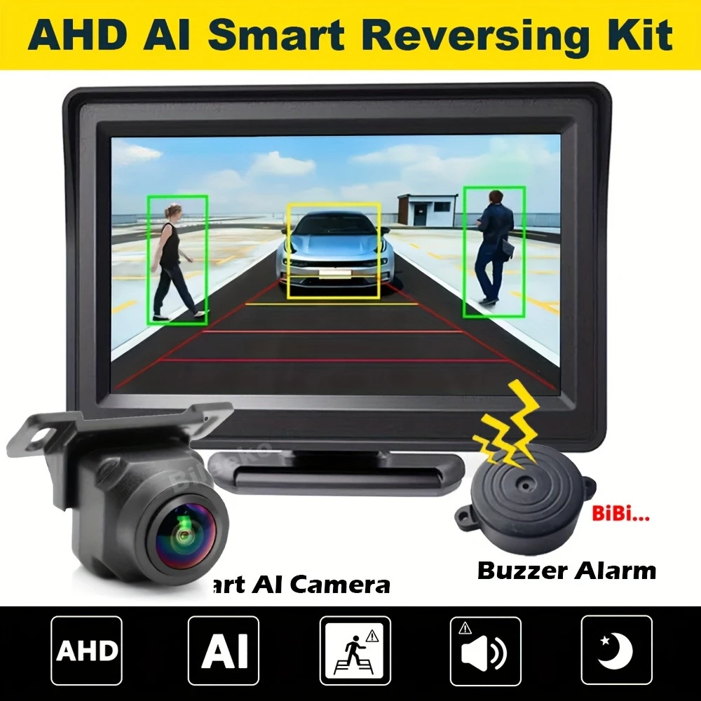 Car Smart AI Reversing System AHD Monitor Intelligence Fisheye Backup Camera Rear View Kit for Parking Safety Alarm Warning