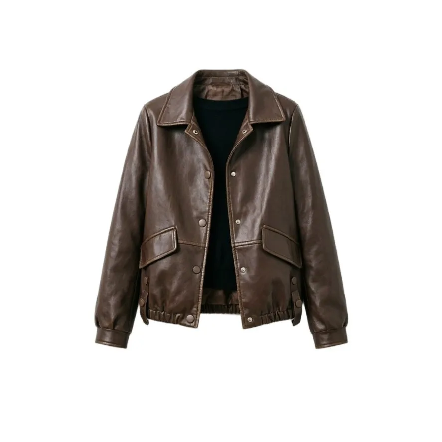 Long Sleeve Pockets 2026 Spring Light Soft Faux Leather Jackets for Women Autumn Short Brown Oversized Leather Jacket