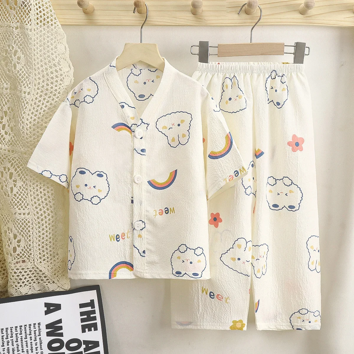 New 2024 Summer Kids Thin Pajamas Boys Girls Cartoon V-neck Short Sleeve Shirt Top + Pants Casual Clothes Sets Baby Loungewear