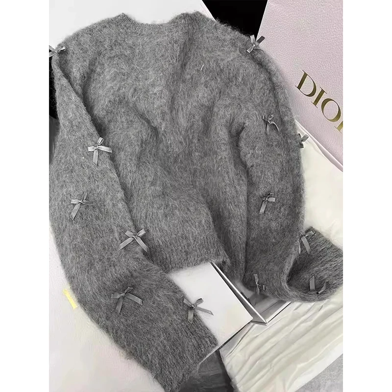 Grey Bow Sweater Women 2024 Autumn Winter French Temperament High Grade Soft Glutinous Mohair Knitted Cardigan Fragrant Coat