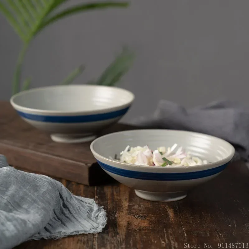 Creative Japanese Vintage Blue Edge Tableware, Kitchen Restaurant Supplies Food Salad Fruit Soup Deep Plate 7-inch Threaded Bowl