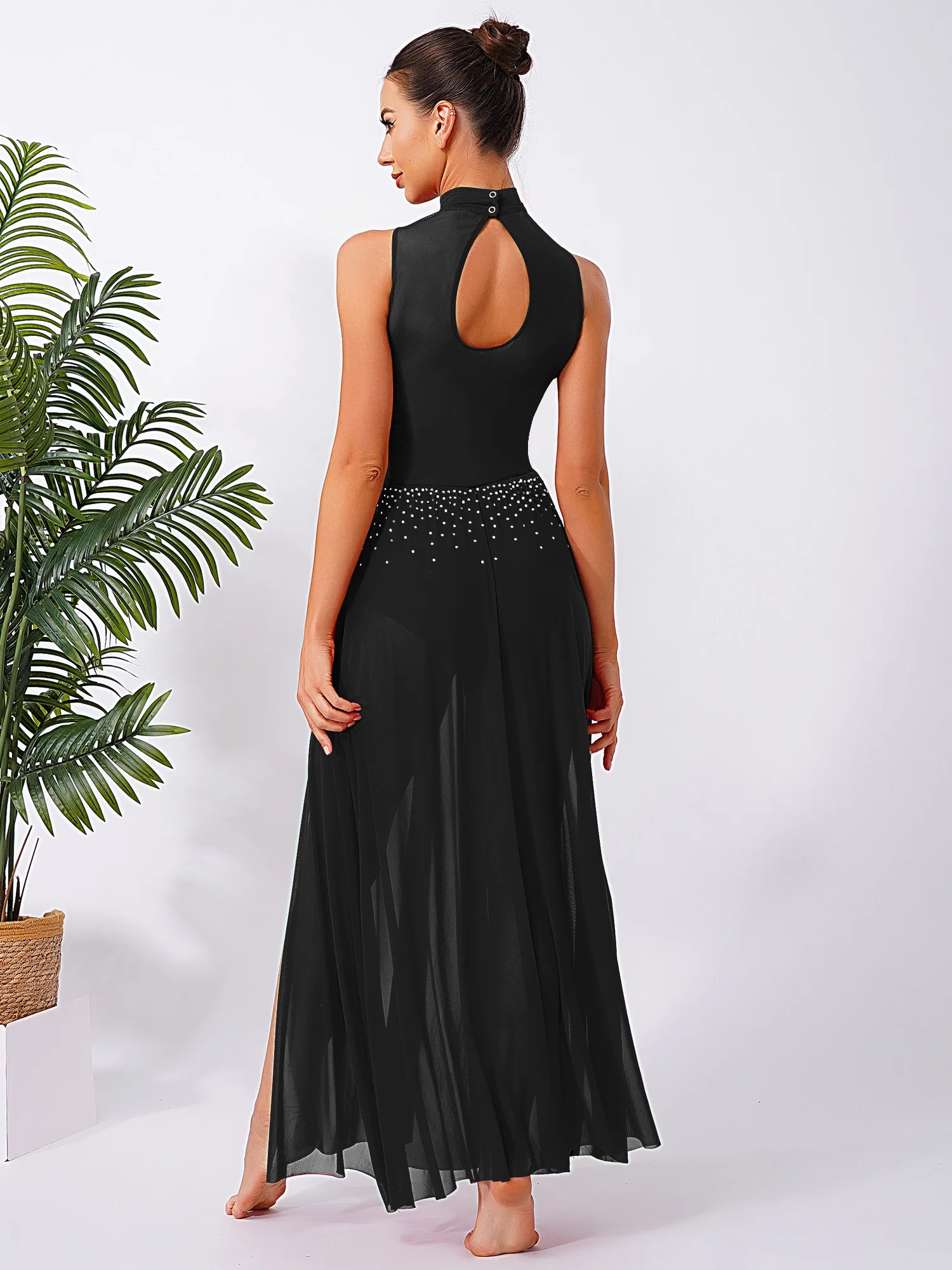 

Women Lyrical Dance Dress Skating Modern Contemporary Dance Costume Glittery Rhinestone Leotards Patchwork Mesh Slit Hem Dress