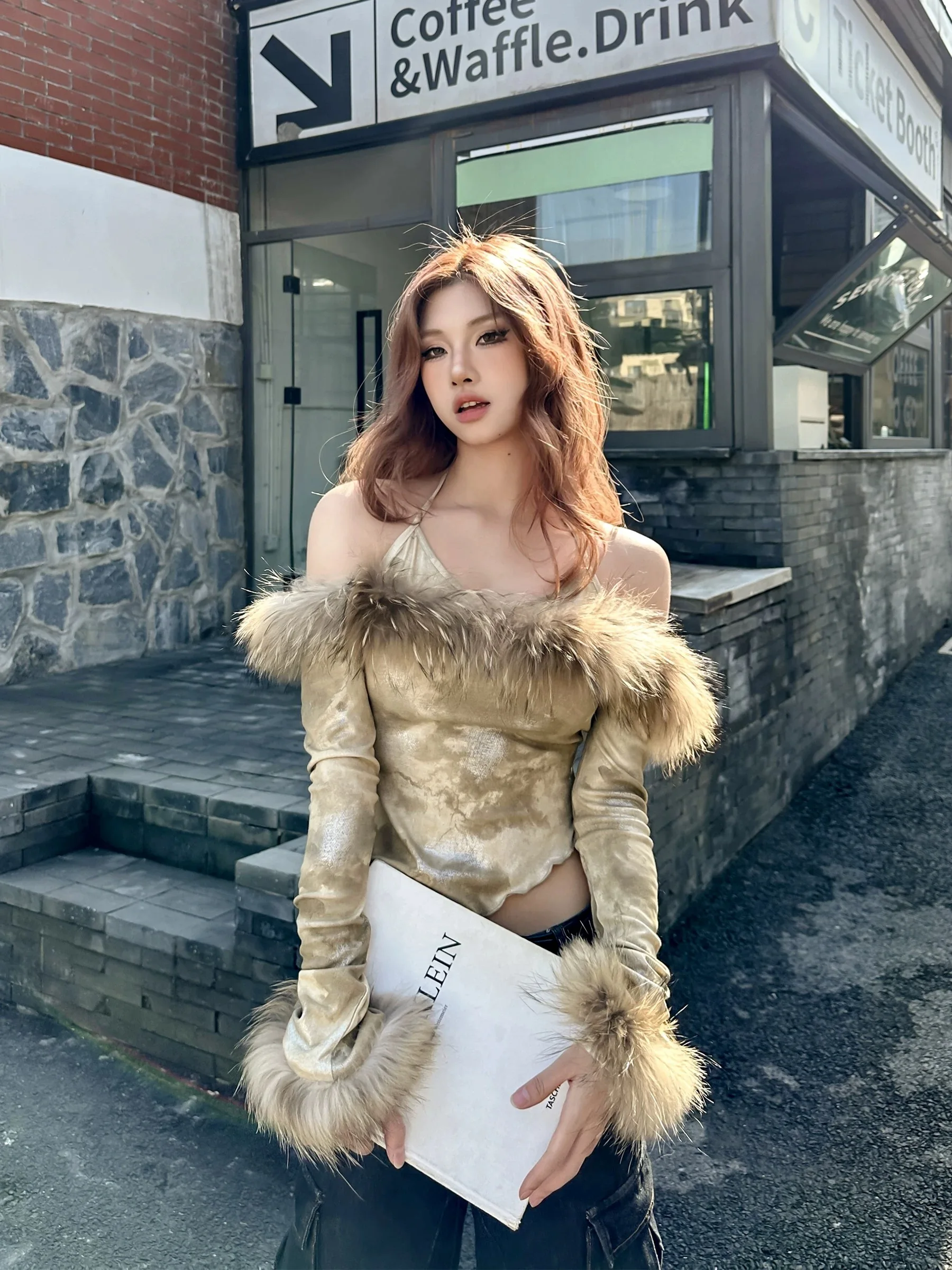 

Lady Hotsweet Рубашки с разрезом на шее Женские меховые вязаные лоскутные блузки Sexi Танцевальная вечеринка Ночной клуб Топы Модные шикарные весенние футболки Ins