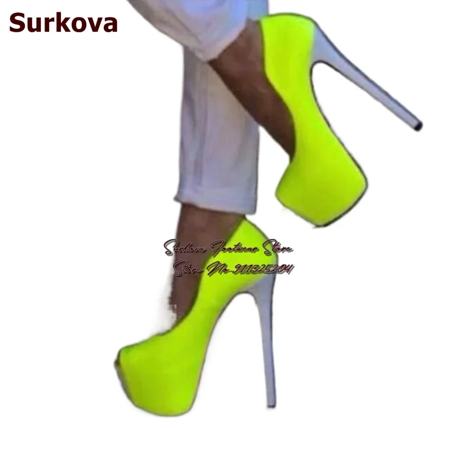 Surkova Neon Yellow Patent Leather Open Toe Dress Pumps White Stiletto Heels Women Platform Peep Toe Evening Footwear Size46