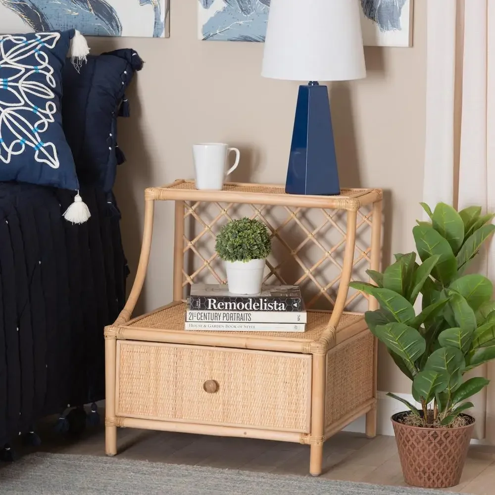 Bohemian Natural Rattan 1-Drawer Nightstand with Shelf Handcrafted Indonesia Geometric Design Fully Assembled Intricate Weave