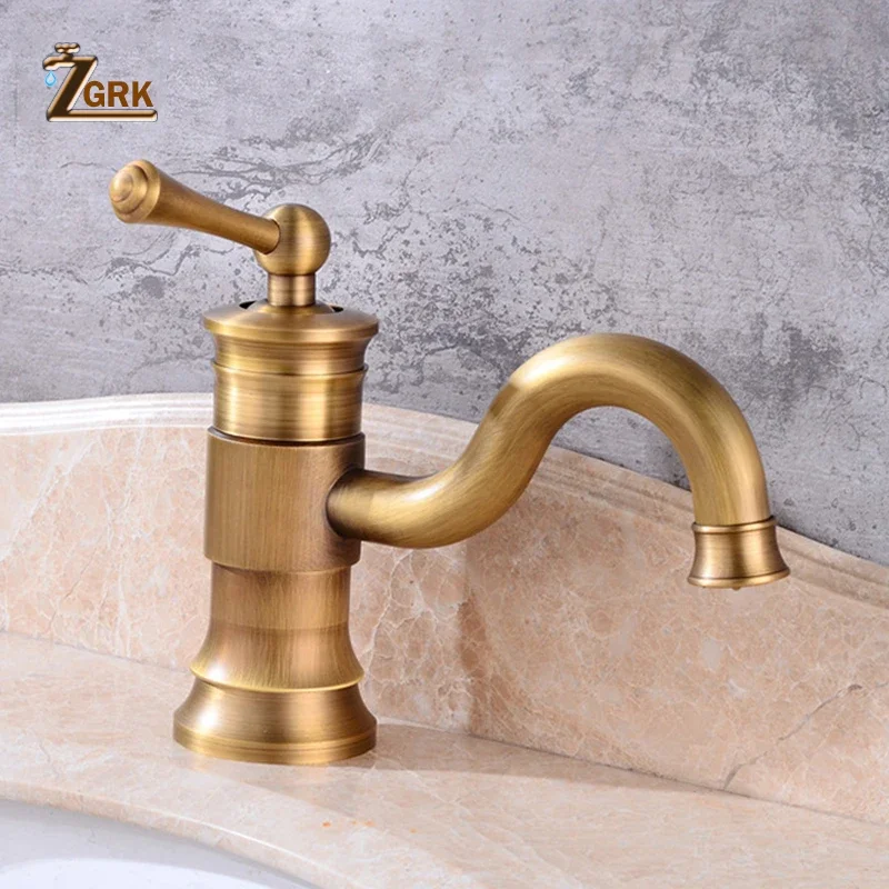 Imagem -05 - Zgrk-antique Brass Basin Faucets Torneira Single Handle Montagem do Deck Vintage Torneira de Água Quente e Fria Misturador de Banheiro