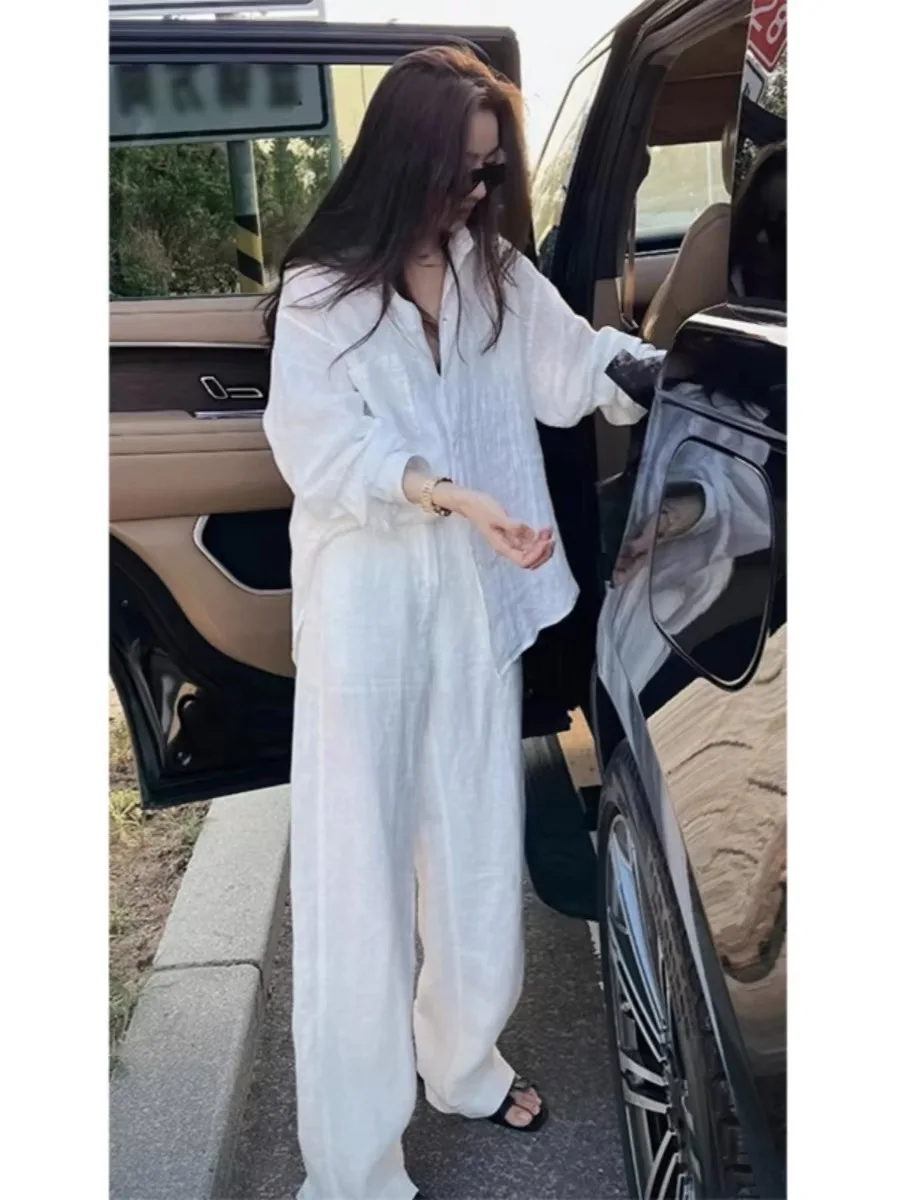 

White Linen irt And Pants Set Women's Summer Casual Sun Protection Two-Piece Suit Long Sve Adult Faion Ensemble