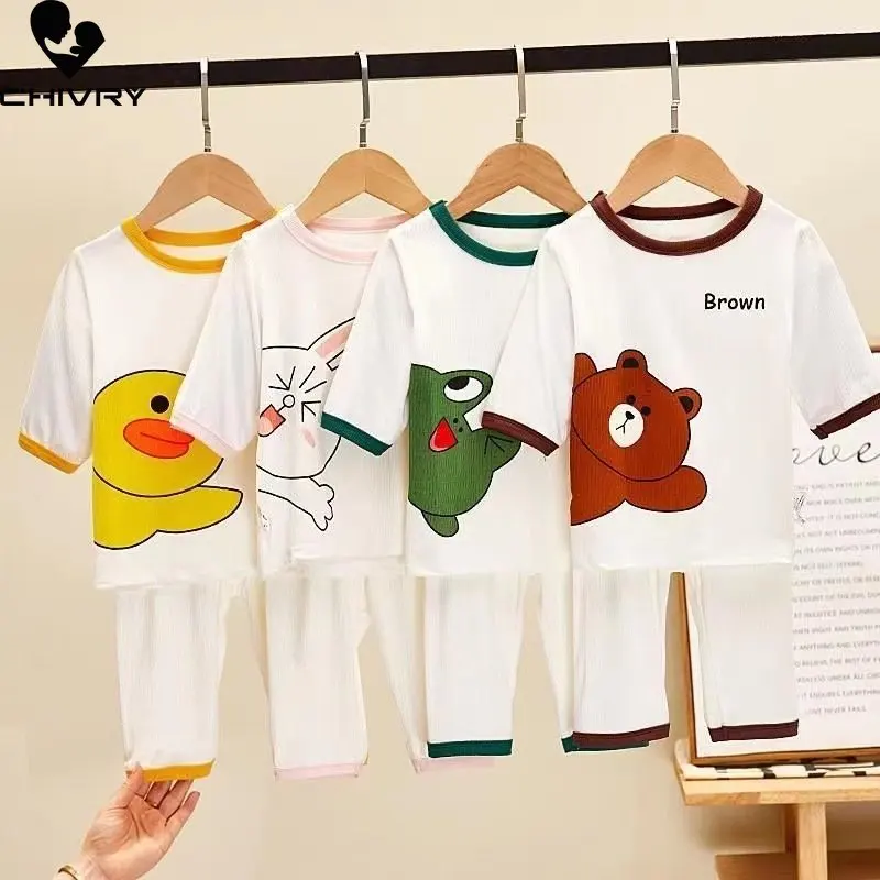 Pijamas finos e respiráveis para meninos e meninas, camiseta de manga três quartos com calças, roupas de noite de bebê, novo design de verão