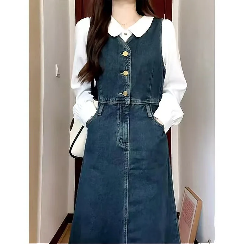 Vintage Y2K Dresses Two Pieces Set Spring Autumn Long Sleeve Shirts with Denim Dress Matching Belt Suits Streetwear for Women