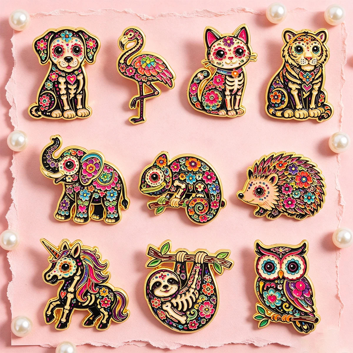10 Stück/Set Day Of The Dead Skelett Emaille-Pin Blumen-Katzen-Tiger-Brosche Rucksäcke Tasche Kragen Revers Dekoration Schmuck Geschenk für Freunde – Detail 4