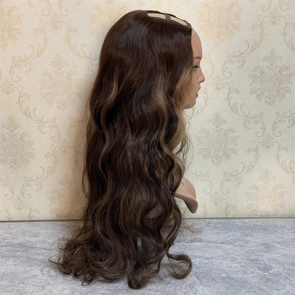 Long Wavy Opening 2x4 U Part Human Hair Wigs for Black Women Glueless Light Cool Brown Caramel Blonde Highlights U Part Wigs