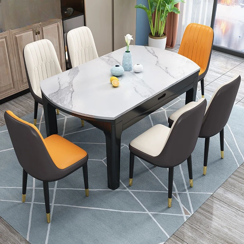 

Rock slab dining table and chair combination home dining modern simple light luxury folding telescopic variable round table