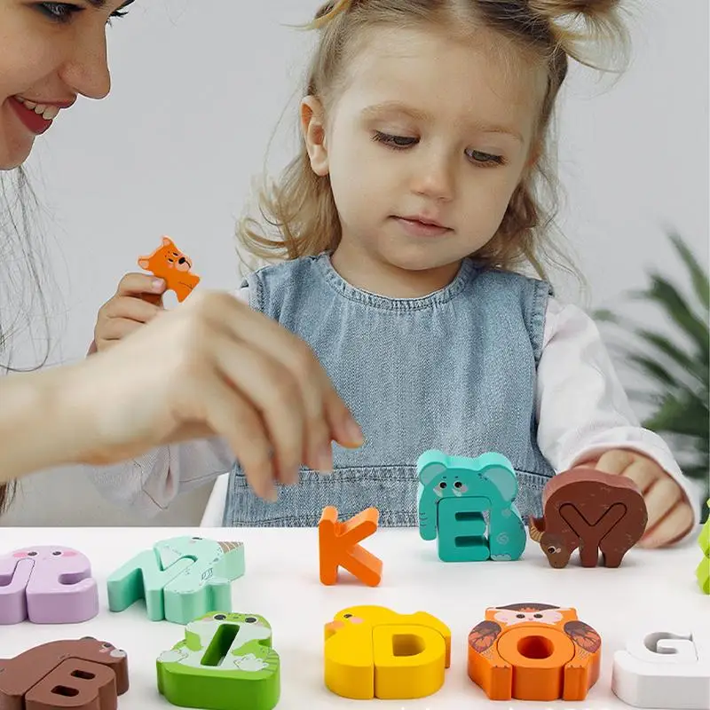 Wooden Alphabet Puzzle Animal Matching Cartoon Wooden Puzzle Montessori Toys Children Early Educational Puzzle Toys For Kids