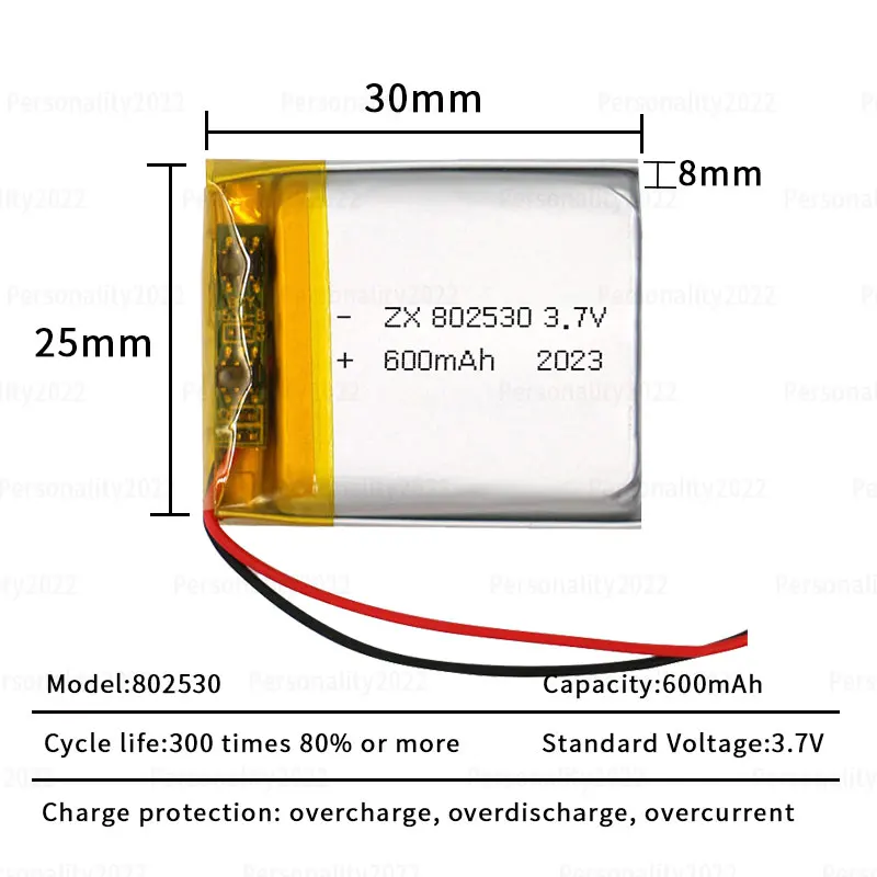 802530 LI PO Battery 3.7V 600mAh Lithium Polymer Batteries for Vaporiser Recorder Speaker Hearing Aid Laser Pointer Toys E-book