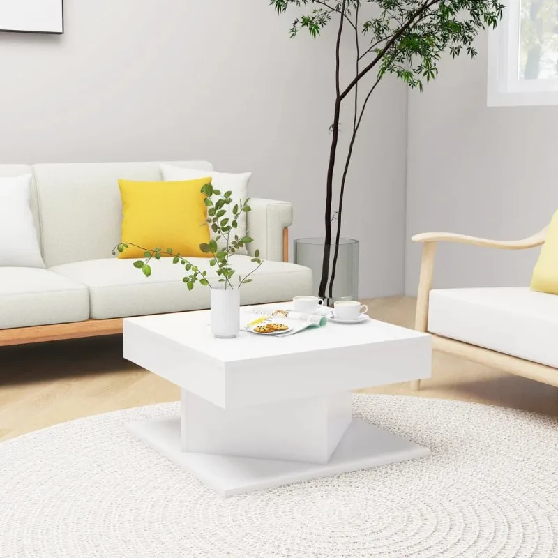 Mesa de centro cuadrada blanca de 57x57x30 cm, madera de ingeniería, para salón moderno, diseño escandinavo