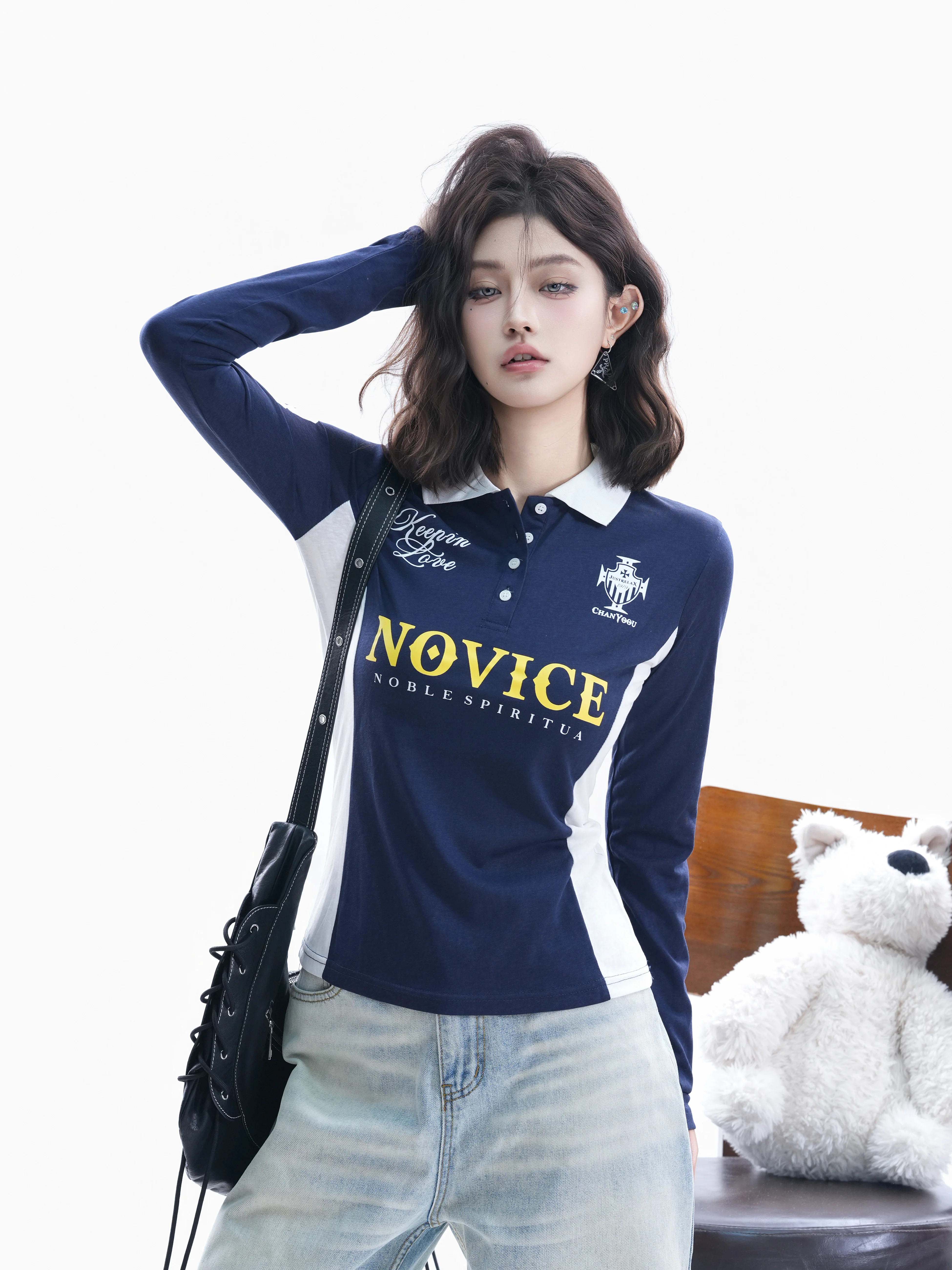 

American Retro Color Block Shirt Women's Long Sleeve Slim Fit Waist Cinching College Style Top Casual Wear T-Shirt
