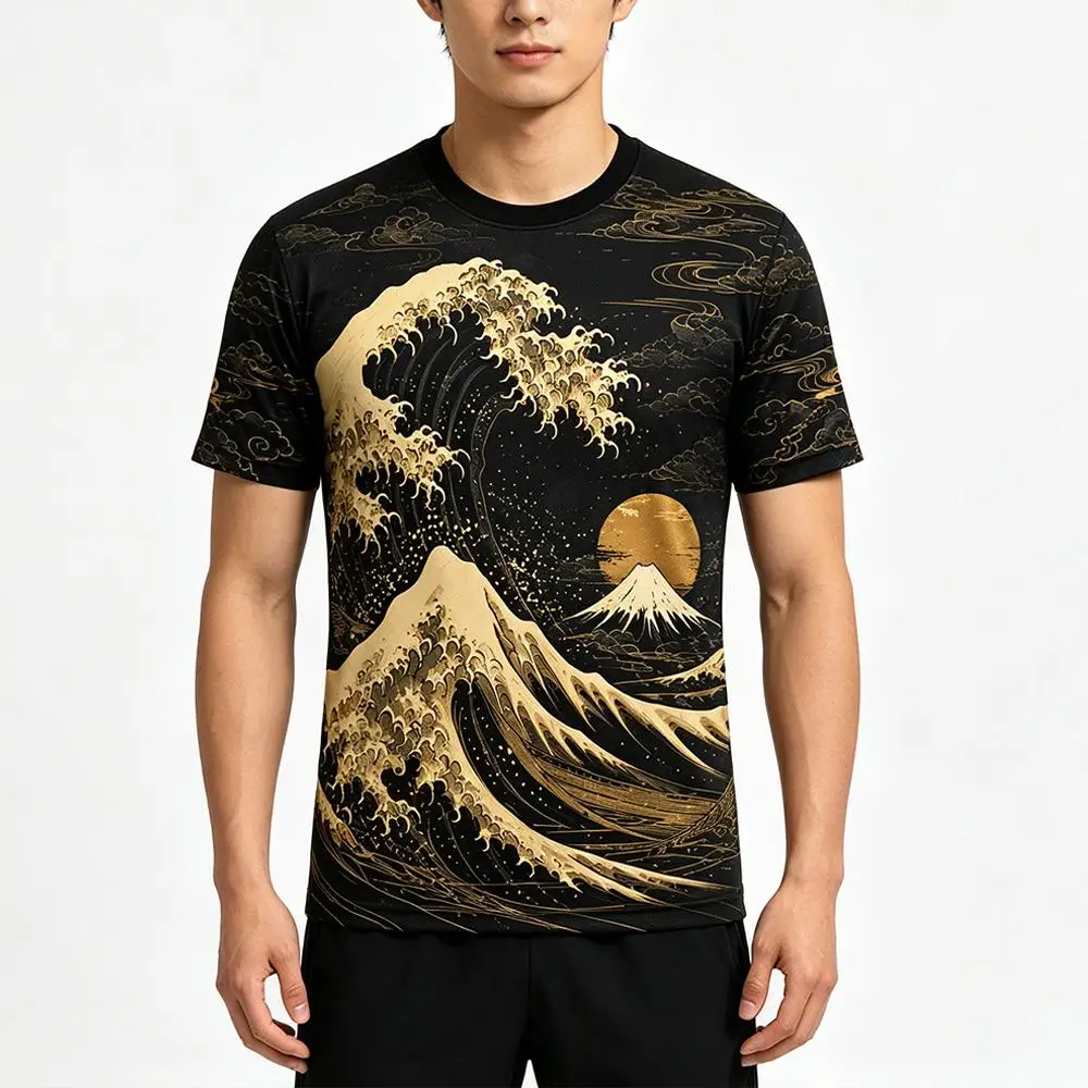 New Japanese Ukiyo-e Themed Print Soccer T-shirt Ocean Wave Pattern Fashion Casual Streetwear Sports Training Breathable Jersey
