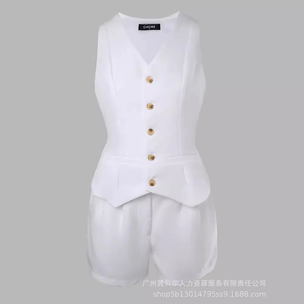 White Sleeveless Slim-fit Vest Shorts Set for Women