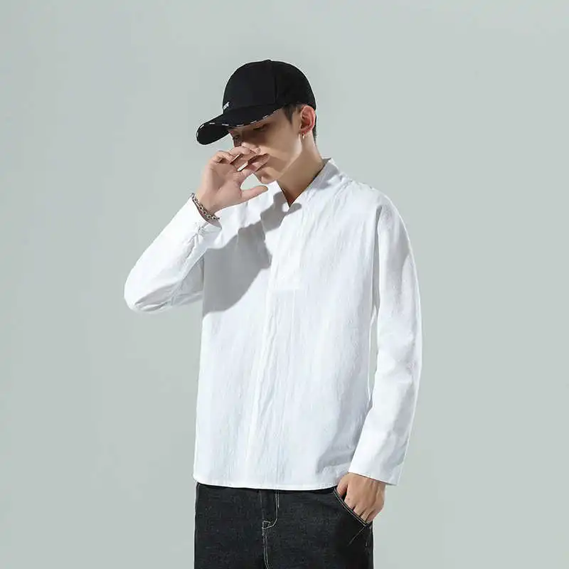 Jesienna męska koszulka z bawełny i lnu, luźna, z długim rękawem, efekt lodu, ochrona przed słońcem, przetwarzana technologią adual Sle ly ulation Dai...