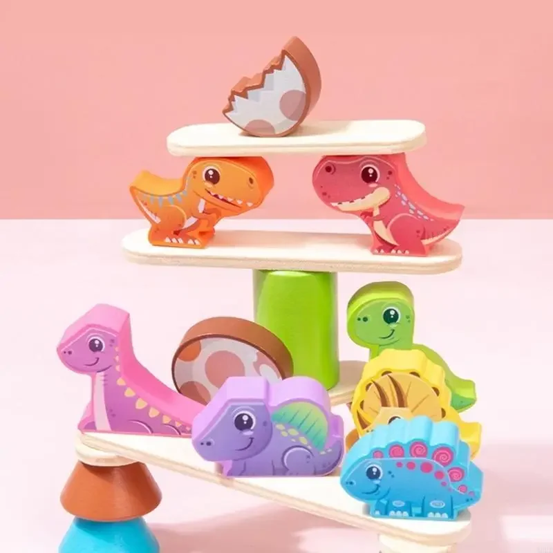恐竜テーマのバランスブロックのおもちゃ幼児用木製バランスとスタッキングブロックボードゲーム完璧な幼児プレゼント 15UB