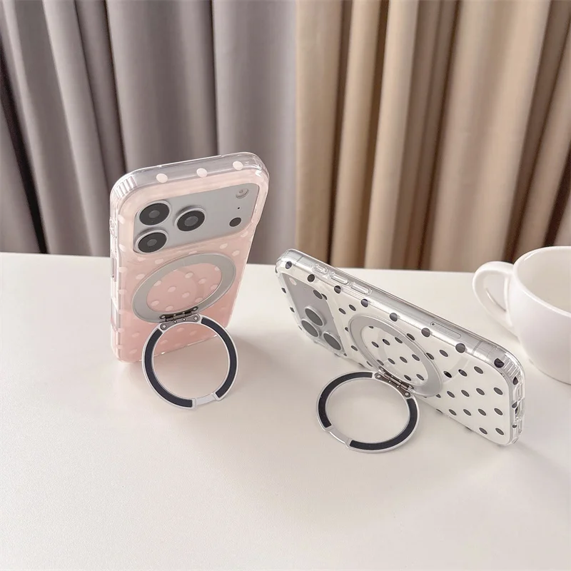 Fashion iPhone case 3 Colors Polka Dot Phone Case With Rotating Stand For IPhone 15 16 17 Pro Max Shockproof Protective Cover