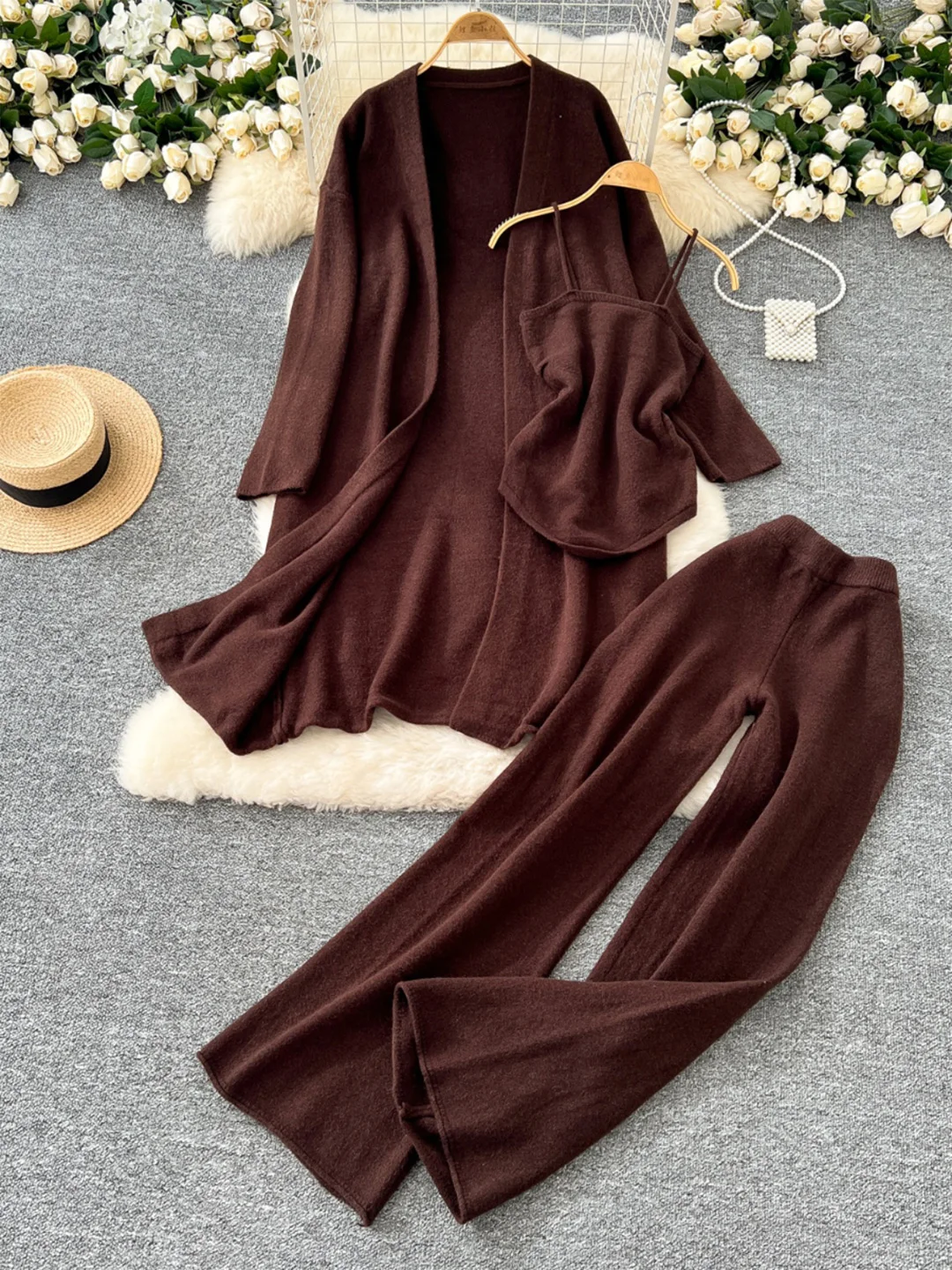 Croysier Cozy Casual Knit Pants Sets Long Cardigan Sweater Coat + Cami Top + Wide Leg Trousers 3 Piece Set Women Winter Clothes