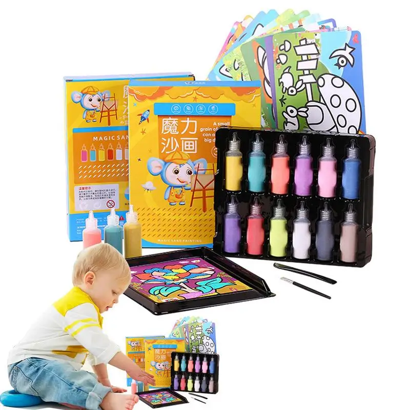 Kit de imágenes de arte de arena, Kit de actividades de arte de arena, tarjetas de imagen de pintura de arena surtidas, 12 colores, Kit de arte de pintura de arena para niños