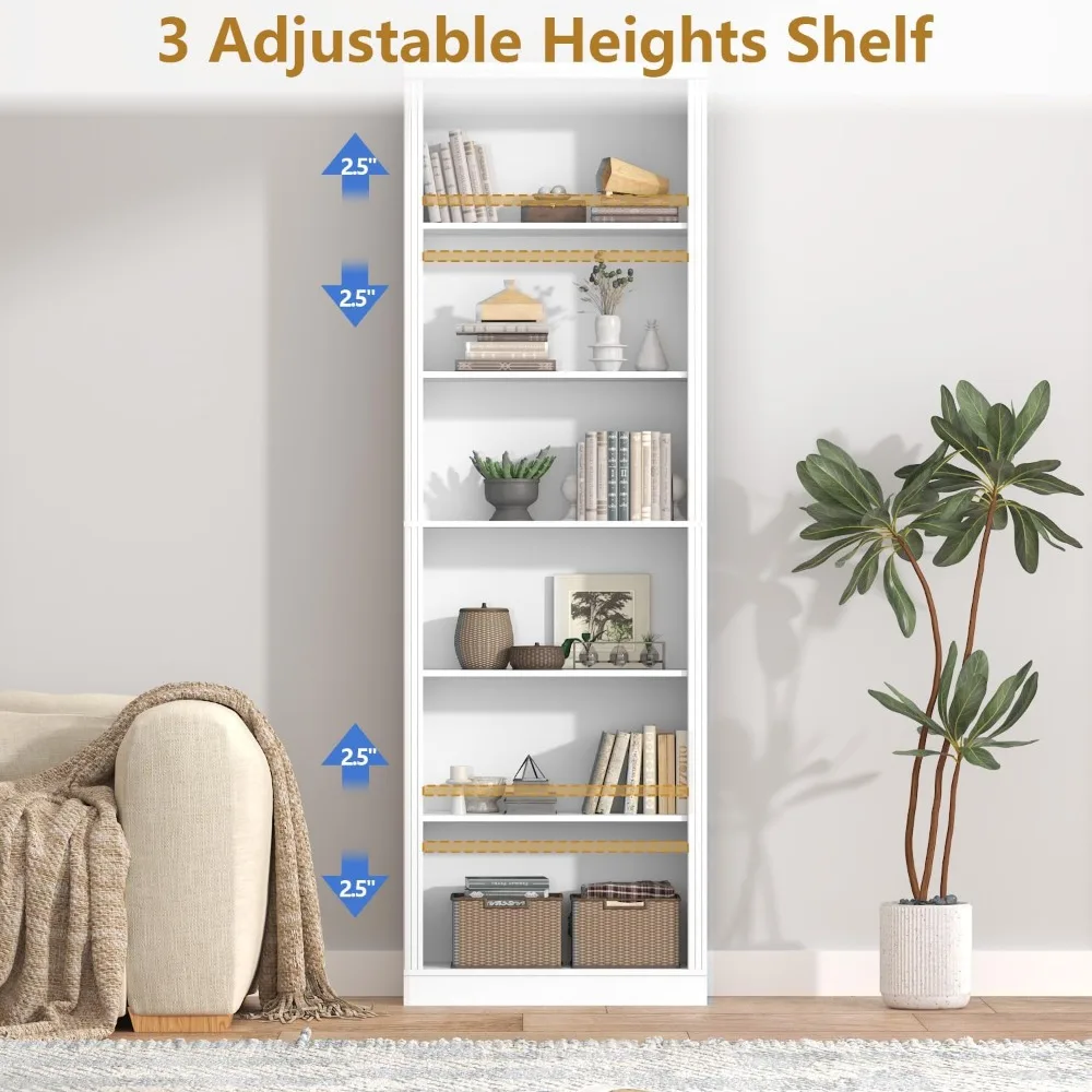 75 Tall Bookshelf & Bookcase, 6-Tier Adjustable Storage Shelves, Book Shelf with Anti-Tipping Device, Floor Standing Modern Disp
