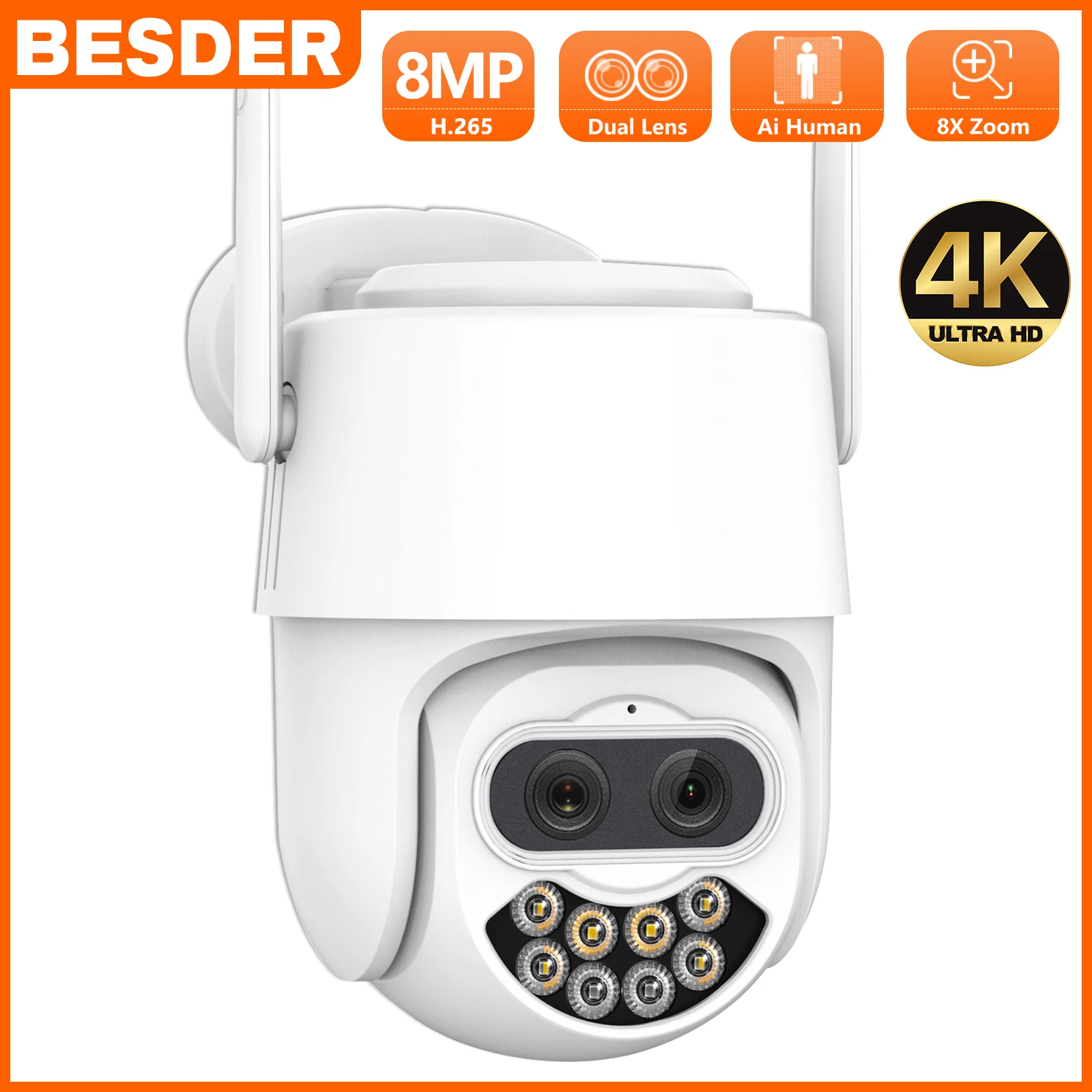 BESDER 8MP 4MP Dual Len PTZ IP Camera WiFi 8X Digital Zoom Ai Human Detect iCSee Wireless Outdoor CCTV Video Surveillance Camera