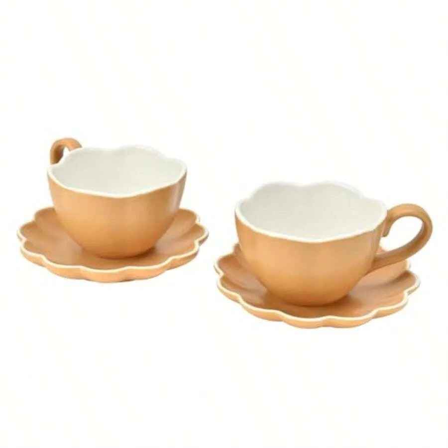 

Ceramic Espresso Cups With Saucers 6 OzCoffe Cups For Cappuccino Latte Tea With Saucers Set Of 2 - Flower - Caramel Brown