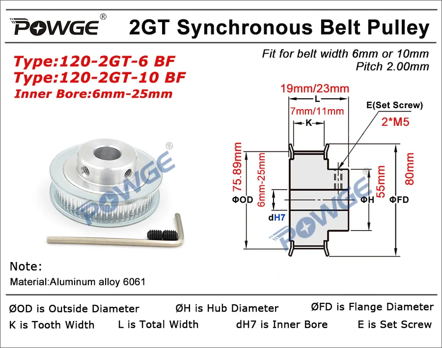 POWGE 2M/2GT 20Teeth 120Teeth Synchronous Timing Pulley bore 5mm-25mm 20T:120T 1:6 Speed Ratio for 350-2GT Belt width 6/9mm Kit