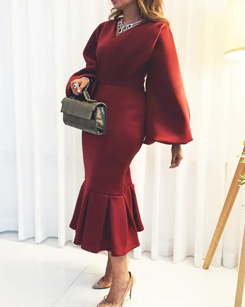 Women's Spring New Fashion Large Size V-neck Long Sleeve Sexy Fishtail Skirt Dress