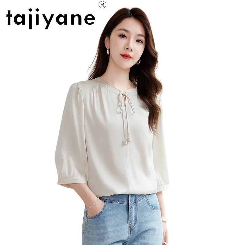 

TAJIYANE 91.8% Real Mulberry Silk Shirt for Woman Tie Neck Elegant Summer Tops Three-Quarter Sleeve Blouse 2026 Woman Clothes 셔츠