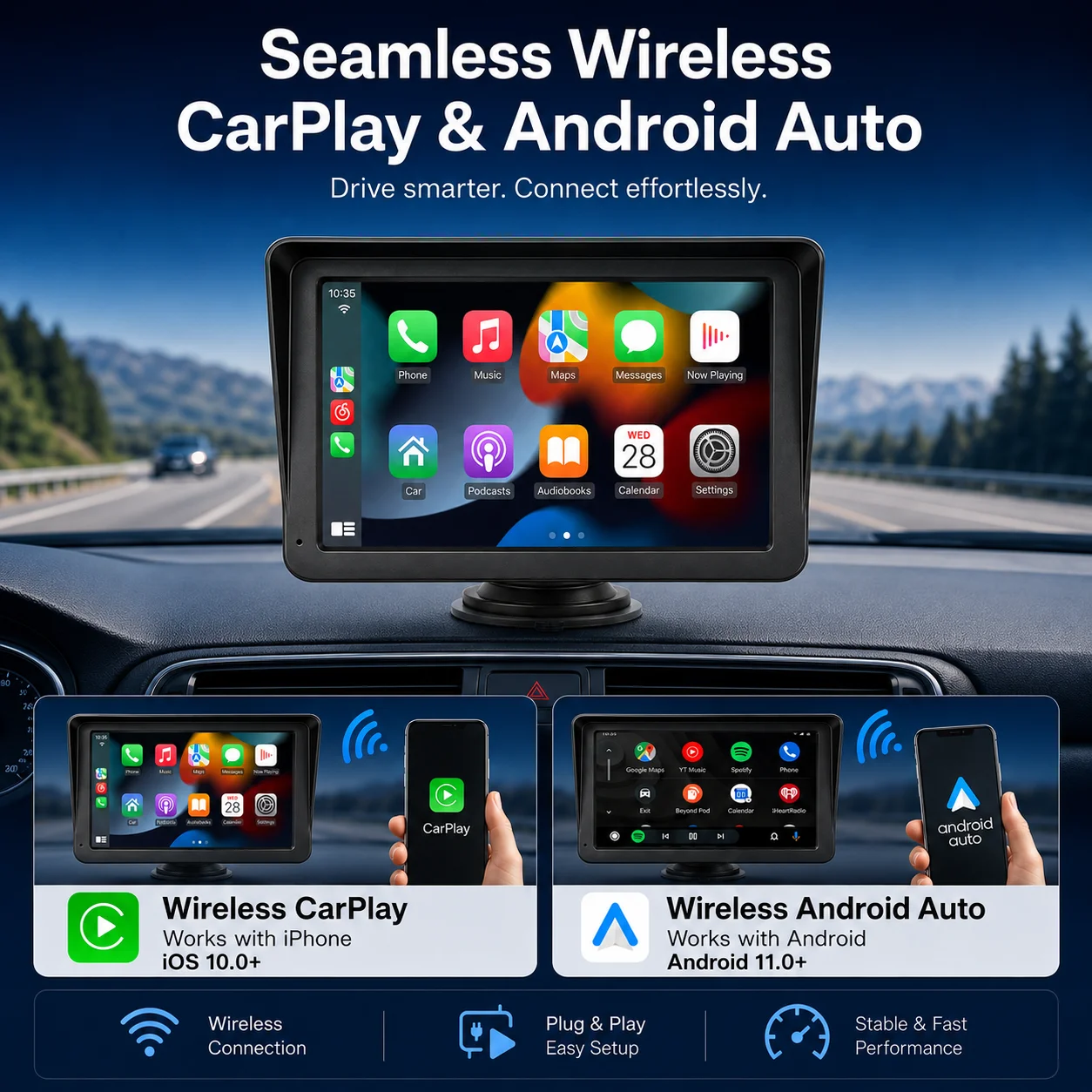 Portable CarPlay Screen 7 Inch IPS Car Monitor Wireless CarPlay Android Auto MP5 Video Player for iOS Android Multimedia Player