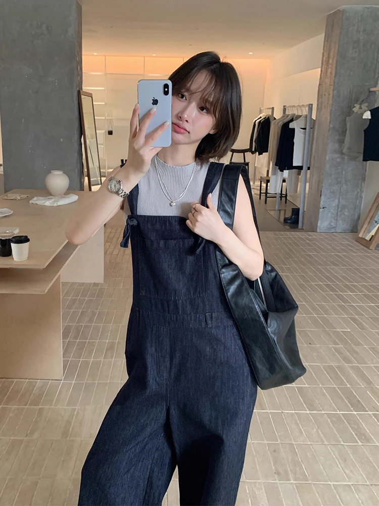 

Liangliang Lazy Sle Knot Denim Overalls Women's Summer New Vintage Loose Casual Long Pants High Waist Wide Leg Jumpsuit