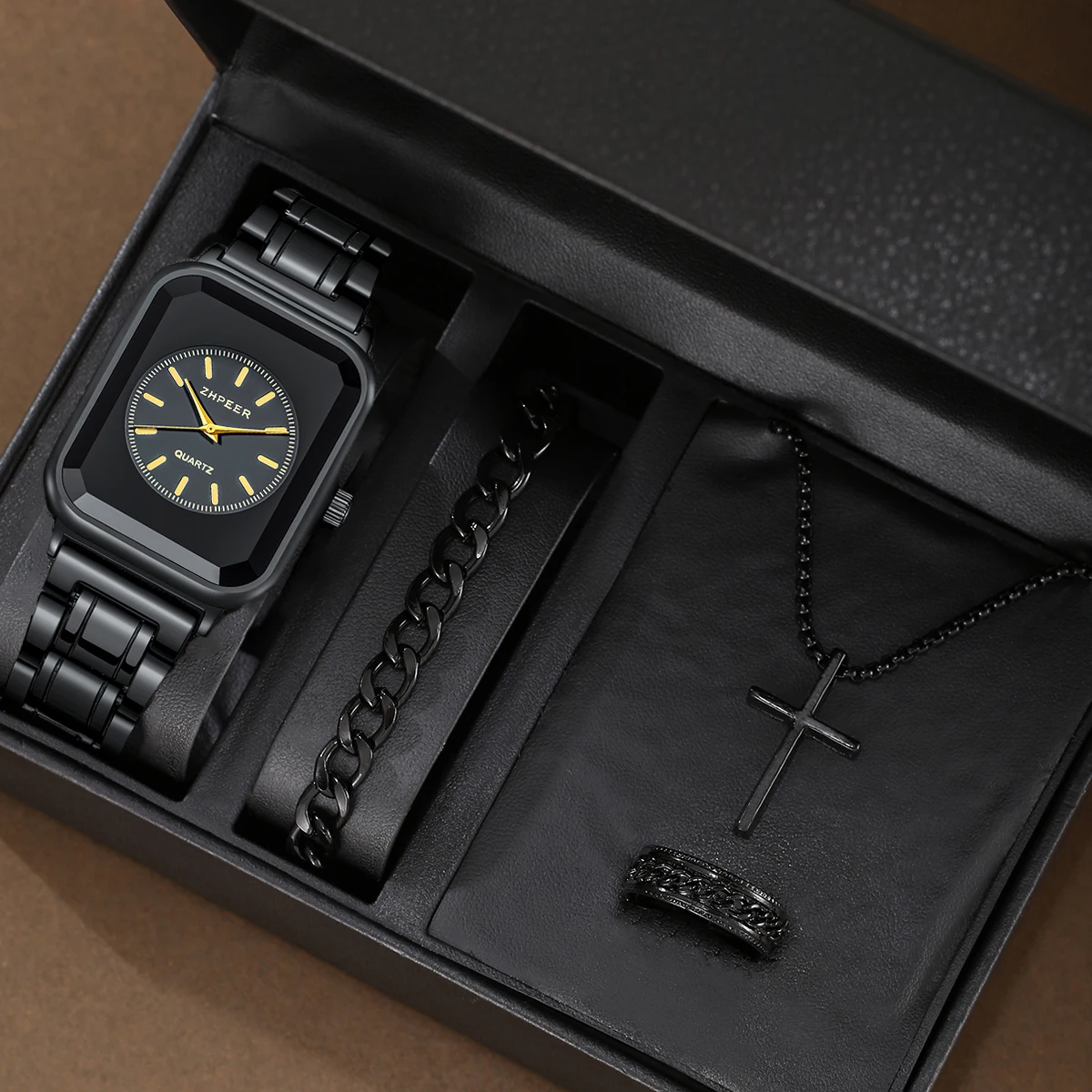 Fashion trend men's quartz watch + Cross three-piece set