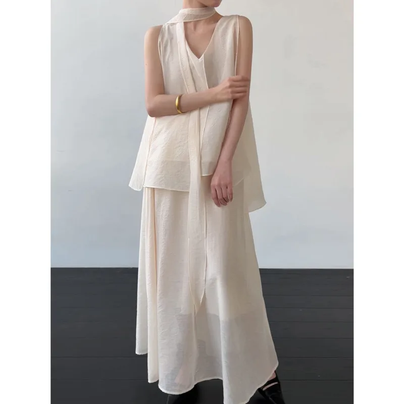 

Women Two-Piece Set Summer Sleeveless Top With Ribbons + Sheer Breathable Elastic Waist Skirt Holiday Style